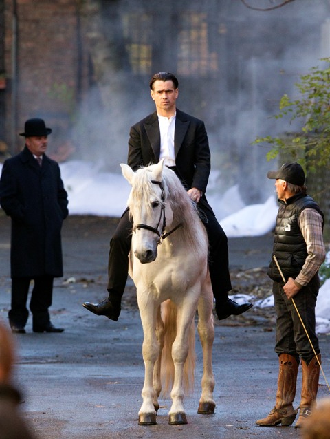 Colin Farrell on a white horse on the set of Winter’s Tale